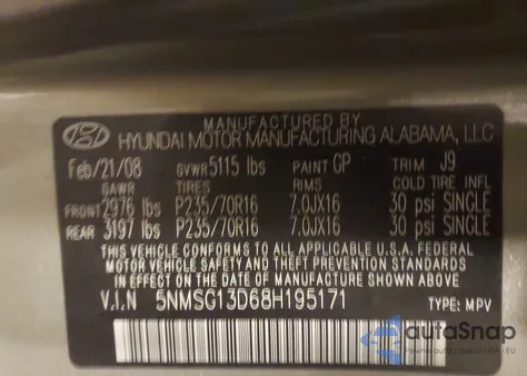 2008 Hyundai Santa Fe Gls из США, поврежденный, VIN 5NMSG13D68H195171